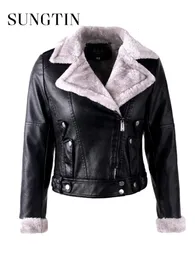Womens Leather Faux Sungtin Design Jacket Fur Moto Coat Fashion Streetwear Autumn Winter Basic Female Outerwear 231129