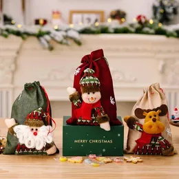 Christmas Decorations Burlap Bags Pull Rope Wrapping Pouches With Drawstring Xmas Favor Bracelet Jewelry Packaging Year 2024