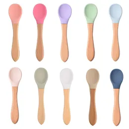 Cups Dishes Utensils Baby Wooden Spoon Wooden Handle Silicone Soft Spoon Feeding Spoons For Children Learn To Eat Training Tableware Toddlers Gifts P230314