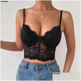 Womens Tanks Camis Floral Lace Bustier Crop Top Spaghetti Strap Y2K Going Out Slimming Cami Y Adjustable Camisole Tank Drop Delivery A Dh624