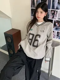 Herrtröjor tröjor houzhou kpop kvinnor vintage y2k v hals sport toppar överdimensionerade koreanska streetwear hip hop kvinnligt tryckt tunn 231128