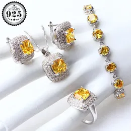 Modeschmuck Sets Gelb Zirkonia Silber 925 Schmuck Ohrringe Für Frauen Ehering Halskette Anhänger Set Geschenke Box CX200287z