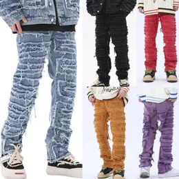 Mäns staplade jeans Män retro hål rippade byxor oroliga för män rak hiphop löst denim byxor casual jean byxor