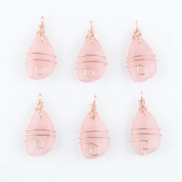 Whole Natural Stone Rose Quartz Copper Wire Wrap Pendant Irregular Geometric Bead Rose Gold Color Dangle Charms Jewelry DN4175263h
