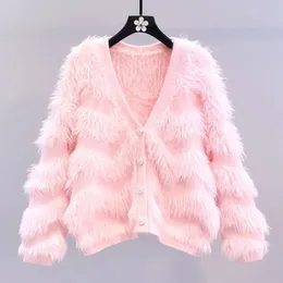 Womens Sweaters Sweater Cardigans Imitate Mink Wool Woman Top Autumn Winter Knitted Korean Pink Oversize Long Sleeve Elegance Sweet Casual Coat 231129
