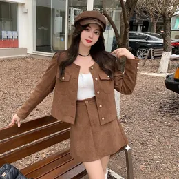 Work Dresses Autumn Winter Elegant Corduroy Two-piece Set For Women 2023 Jacket Tops And Mini Skirt Female L-4XL Party Casual Streetwear