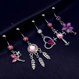 20pcs mix style pink angel dream catcher cross rose flower dangle navel belly bar button rings body piercing jewelry sets264f