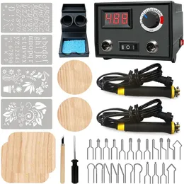 Solderijzers Pyrography Wood Burning Kit Wood Burner Tool Dual Pen 60Wアップグレード調整可能なPyrography Machine