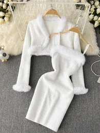 Two Piece Dress FTLZZ Autumn Winter Women Sets Long Sleeve Fur Short Coat and Sexy Spaghetti Strap Bodycon Lady Party Suits 230428