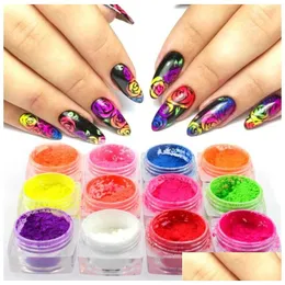 Prego Glitter Nail Glitter Art Salon Saúde Beleza 1 Caixa Fluorescente BK Brilha no Pó Escuro Colorf Polonês Cromo Poeira Pigmento Drop Dhrbq