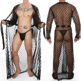 Conjunto sexy inteligente menmode vestido longo masculino transparente roupão de dormir com tanga ajustável lingerie exótica 2 peças 231129