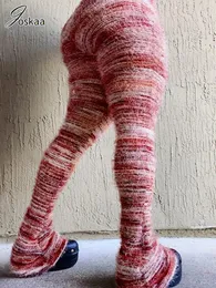 여자의 2 조각 팬츠 요스카아 니트 화려한 줄무늬 쌓인 여자 섹시한 탄성 허리 슬림 한 푹신한 플레어 바지 2024 암컷 바닥 스트리트웨어 231129