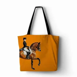 Storage Bags Both Sides Printed Horse 2 Designs On 1 Handbag Linen Polyester Women Shopping Tote Home With Casual Traveling Beach 272p