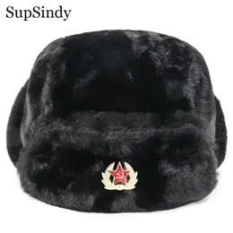 Breda randen hattar hink supsindy sovjet badge ushanka män kvinnor bombplan cccp armé pilot trapper trupper hatt vinter faux kanin pälsa öronlapp snö mössor 231128