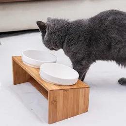 먹이 애완 동물 이중 그릇 개 고양이 푸드 식수 피더 스탠드 제기 세라믹 접시 그릇 나무 테이블 애완 동물 용품