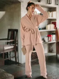 صالة النوم للسيدات Marthaqiqi Cotton Ladies Sleepwear Suit Long Sle Pajamas Lace Up Nightwear Under Undlar Lightie Pants Women Home Clothes L231129