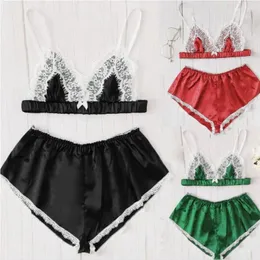 Women's Sleepwear Women Underwear Pajamas Set Silk Sexy Lace Splice Stain Pyjamas V-neck Bra Shorts Summer Erotic Lingerie Mujer