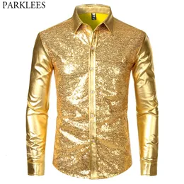 Men's Casual Shirts Men's Disco Shiny Gold Sequin Metallic Design Dress Shirt Long Sleeve Button Down Christmas Halloween Bday Party Stage Costume 231130