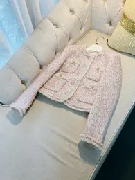 2024 Frühling rosa quaste getäfelte tweed-jacke langarm rundhals doppeltaschen einreiher jacken mantel kurze outwear d3n263206