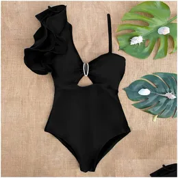 Swim Wear Y One Shoder Ruffle Swimsuit Imprimir Floral Swimwear Mulheres Banheira Terno Beachwear Monokini 220226 Drop Delivery Sports Outdoor Dhhml