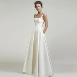 Proste satynowe suknie ślubne dla kobiet 2024 Square Scyk Spaghetti Paski Bez pleców Elegancka A-Line Suknia ślubna