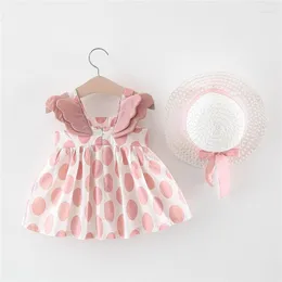 Девушка платья 2pcs платье для девочек лето сладкое принт в горошек для детской пляжная шляпа рожденная детская одежда