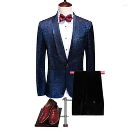 Men's Suits Nightclub Men Flannel Bronzing Stage Host Shine Slim Fit Casual Wedding Grooms Plus Size Dress Suit Blazers Pants 2 Piece