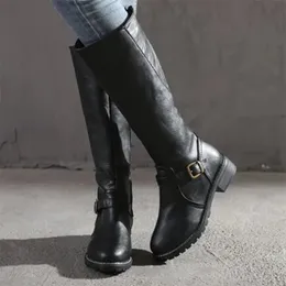 Boots Women Leather Knee High Boots Women's Buckle Long Knight Boots Female Combat Boots Women Low Heels Shoes Plus 43 231129