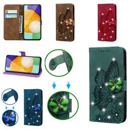 3D Butterfly Flower Leather Wallet Cases For Samsung S24 Ultra S24 Plus A15 A05S Xiaomi 13T 14 Pro Redmi Note 13 5G Bling Diamond Holder Flip Cover Vintage Phone Pouch