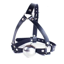 Produtos de massagem Bdsm Slave Role Play Head Bondage Leather Harness Strap com 42mm de aço inoxidável bola gag brinquedos sexy para fetiche boca aberta flertar