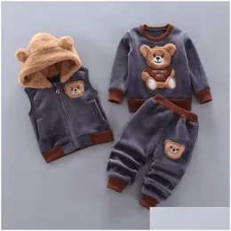 Set di abbigliamento Abbigliamento per bambini Autunno Inverno Lana Bambino Ragazzi Set Cotone Topsaddvestaddpants 3 pezzi Tuta sportiva per bambini 201127 Dr Dhp2K