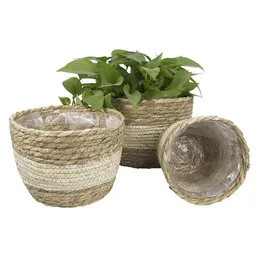 3PCS Hand-woven Flower Pot Cover Durable Natural Flowerpot Planter Hanging Basket Y0314277x