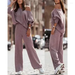 Women's Two Piece Pants 2023 Spring Autumn Clothing Dark Brown Casual Strapless Sloping Shoulder Long Sleeve Trousers Knitting Suit