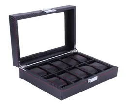 10 Grids Carbon Fibre Pattern Watch Box Watch Holder Organizer Storage Case Jewelry Display Rec Black Color Showcase GIFTS T3565659