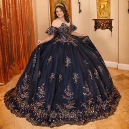 Dark Navy Off The Shoulder Beading Ball Gown Quinceanera Dresses Sequined Appliques Lace Beads Corset Vestidos De 15 Anos