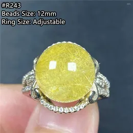 Cluster Rings 12mm Natural Gold Rutilated Quartz Ring For Women Man Healing Crystal Oval Beads Silver Wealth Stone Adjustable Jewelry