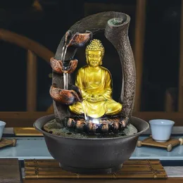 Statua di Buddha Fontane decorative Fontane d'acqua per interni Artigianato in resina Regali Feng Shui Desktop Fontana domestica 110 V 220 V E207Z