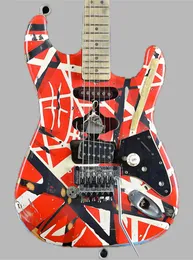 Schweres Relikt Edward Van Halen Franken Stein E -Gitarre Weißer schwarzer Streifen Rot, Floyd Rose Tremolo Brücke Verriegelungsmutter, Spezialgurtknopf