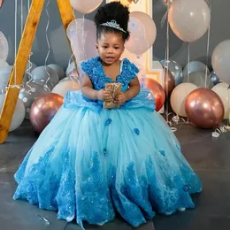 Alsa Sky Blue Flower Girl Dresses Tiered Pearls Tulle Hand Made Flowers Beaded Princess Queen Ball Gowns Girls' Dress For Wedding Little Kids Birthday Party Gown F020
