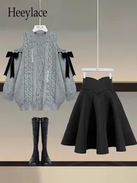 Dwuczęściowa sukienka jesienna zima dwuczęściowe zestawy damskie strój dla kobiet z dzianiny z dzianki ramion i plisowane spódnice zestawy 4xl Suit 231130