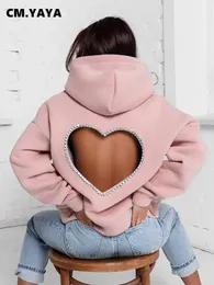 Men's Hoodies Sweatshirts CM.YAYA Fashion Women Diamonds Splicing Sweet Love Cutout Open Back Long Sleeve Thick Warm Oversized Pullover Hooded Sweatshirt 231129