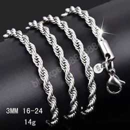 925 Серебряное серебро 2 мм 3 мм скрученные веревочные ожерелья для женских ювелирных украшений.