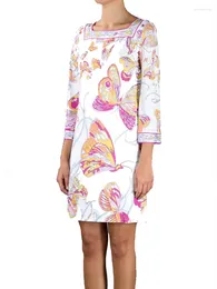 Casual Dresses Ladies' Famous Brands White Butterfly Flower Print Square Collar 3/4 Sleeves Jersey Silk Dress Loose XXL