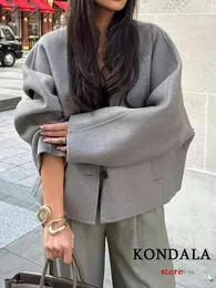 Women's Wool Blends KONDALA Female Fashion Winter Grey V Neck Coats Casual Loose Long Sleeve Cropped Jackets 2023 Autumn Women Outerwears 231129