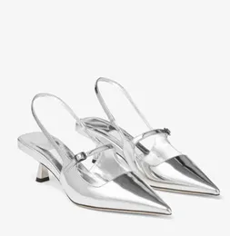 Lady Sandal Mid Hools Mirror Leather Didi 45mm Silver Black Liquid Metal Leather Pointed Pumpar Strap Sling Back Sandals Luxury Designer med Box 35-42