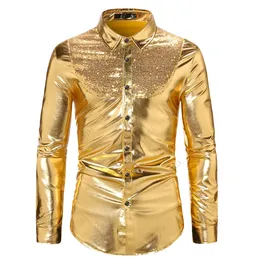 남자 캐주얼 셔츠 반짝이는 금 스팽글 셔츠 남자 슬림 한 긴 소매 남성 드레스 셔츠 70s 나이트 클럽 파티 무대 가수 의상 homme 231129