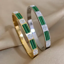 Bangle Fashion Design Stainless Steel Cuff Dark Green Charm Bracelet Women Vintage Crystal Opening Wristband Waterproof Jewelry