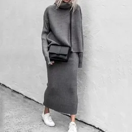 Two Piece Dress Fashion Women Slim Sweater Skirt Two Pieces Set Loose High Collar Casual Autumn Femme Knitted Blouse Skirt Suit Pullover Sweater 231130