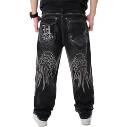 メンズジーンズストリートダンスワイドレッグバギーメンファッション刺繍ブラックルーズボードデニムパンツ男性ラップヒップホッププラスサイズ3046 231129