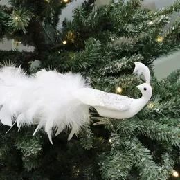 Christmas Decorations 1pc Artificial White Peacocks Feathered Ornaments Christmas Long Tail Simulation Birds Christmas Tree Wedding Decor Pendant 231129